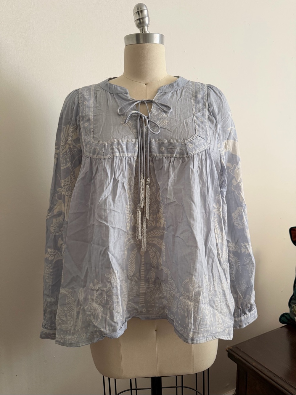 Calypso St. Barth Light Blue Embroidered Tie-Front Peasant Top